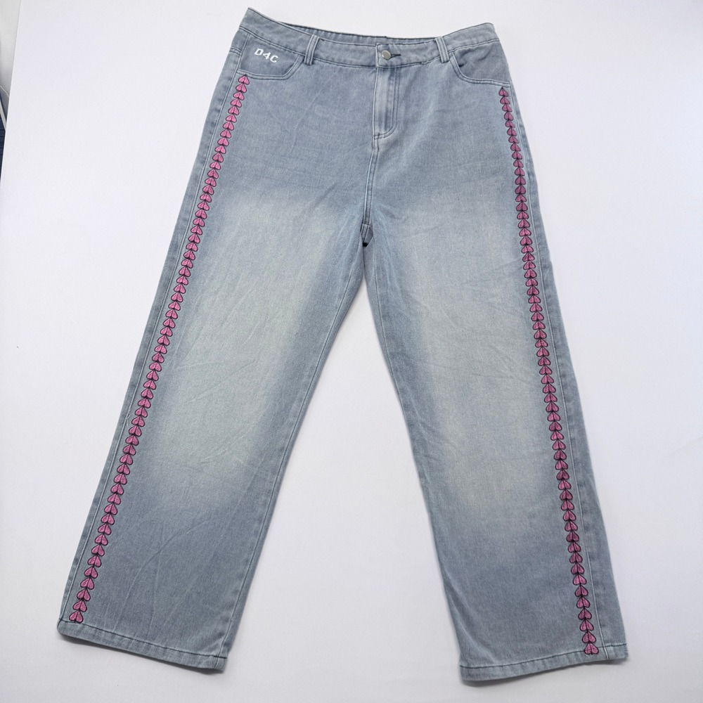 D4C Light Wash Denim Jeans Pink Heart Side Embroidery Rabbit Graphic Size L